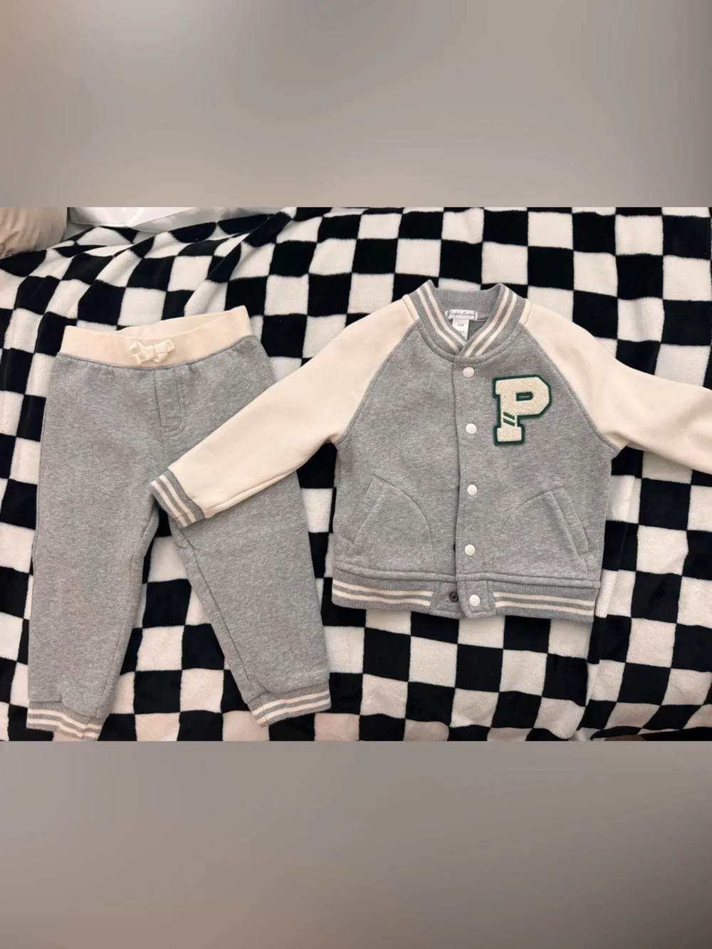 Ralph Lauren Gray and Cream Kids Varsity Jacket Set with Green 'P' Patch